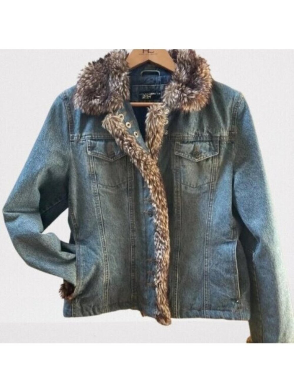 Black Rivet Y2K Faux Fur Trim Denim Jacket Vintage Boho Size XL